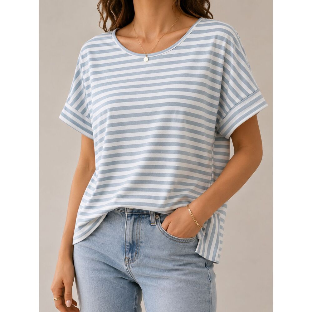 Tribal Striped Boxy Tee Top Blue White Short Sleeve Relaxed S Nautical Preppy